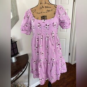 Mi‎ Ami Purple Floral Dress Puff Sleeves L Babydoll Mini